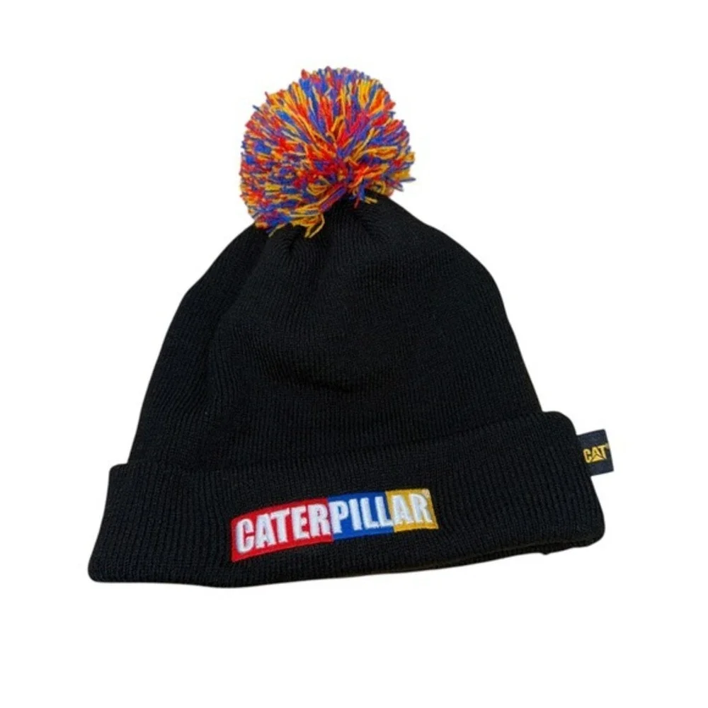 Caterpillar CAT Unisex One‎ Size Pre-Owned Embroidered Black Beanie Hat Pom Pom